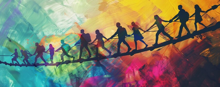 Fototapeta Hikers on a rope bridge, working together to support and assist each other