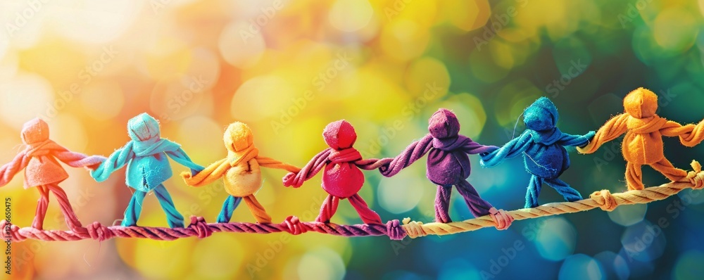 Poster colorful handmade dolls are holding hands and standing on a rope, symbolizing unity and teamwork