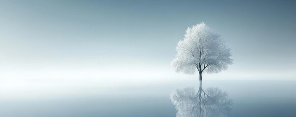 Solitary frost-covered tree reflecting on serene winter landscape