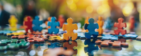 Yellow puzzle piece standing out from the crowd of blue puzzle pieces