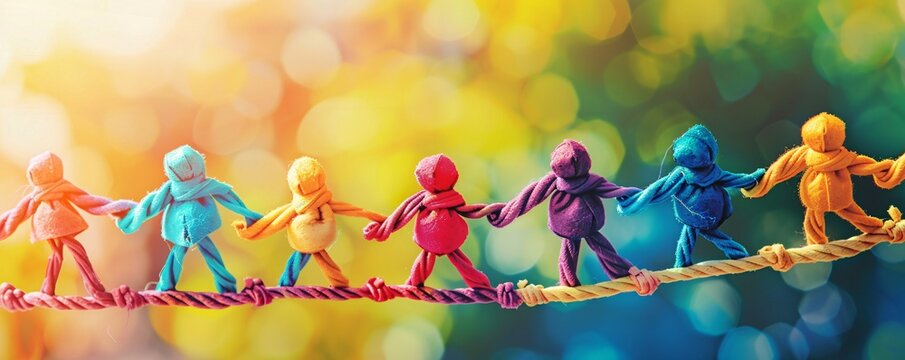 Colorful handmade dolls are holding hands and standing on a rope, symbolizing unity and teamwork