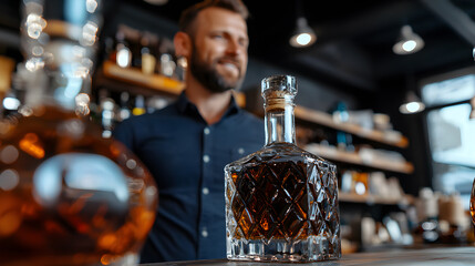 A man stands behind a bar with a bottle of liquor in front of him