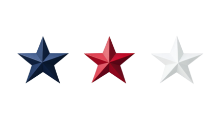 Red, white and blue realistic metallic stars on transparent background