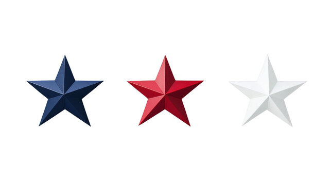 Red, white and blue realistic metallic stars on transparent background