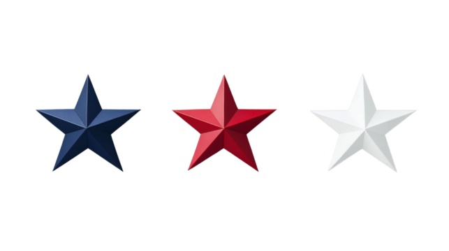 Red, white and blue realistic metallic stars on transparent background