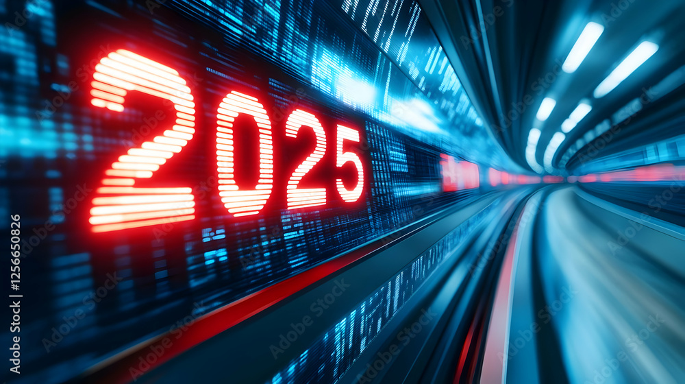 Poster a futuristic digital display showing the year 2025, symbolizing advancement and innovation in techno