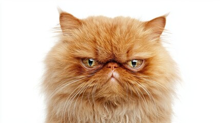 A fluffy orange cat with a serious expression stares directly at the camera against a white background.