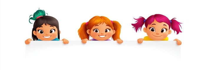 Cute cartoon children's illustration, three cute little girls and one boy with different hair colors sitting on the edge of a white banner, isolated on a background Generative AI