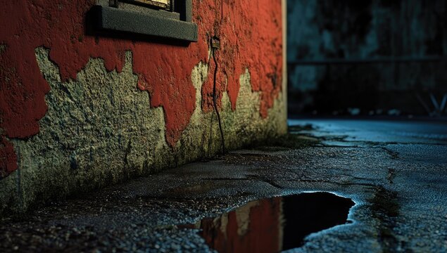 A Depictive Low-Angle Shot of a Weathered, Urban Alleyway on a Rainy Night