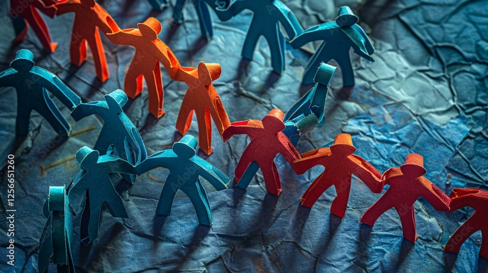 Poster paper figures linking arms in a circle against a crumpled blue paper backdrop