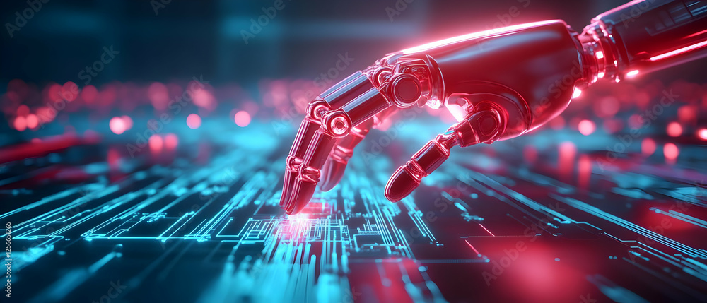 Poster a futuristic robotic hand interacts with digital data in a vibrant cybernetic environment, showcasin