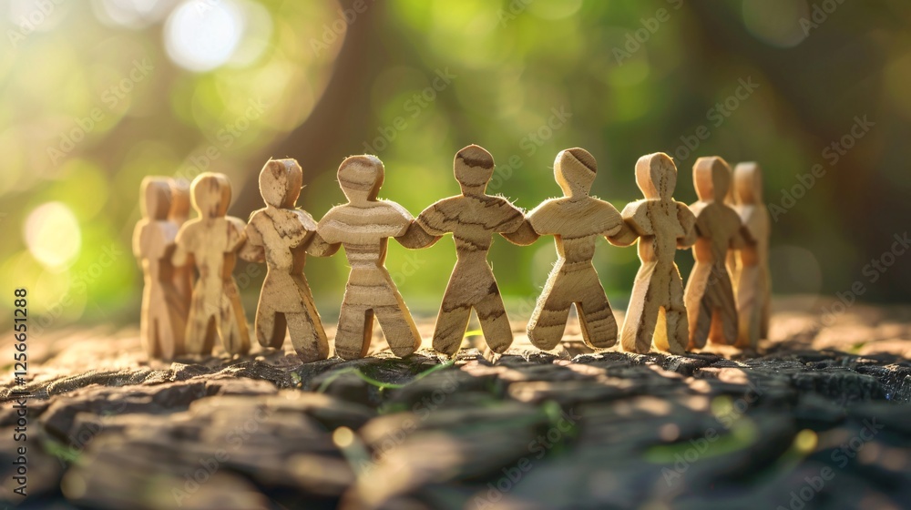 Poster wooden figures in a forest setting, standing hand in hand to symbolize unity and connection within a