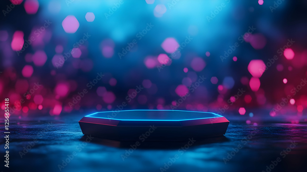 Poster a futuristic scene with a glowing octagonal platform against a colorful bokeh background creating a 