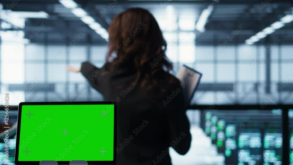 Poster focus on chroma key device in front of data center technicians analyzing metrics. close up of isolat
