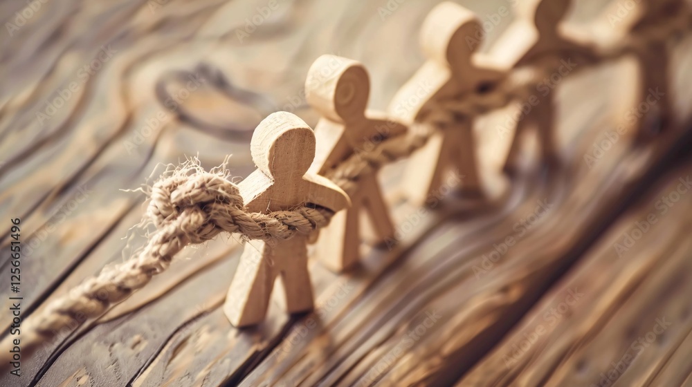 Poster wooden figures demonstrating teamwork by pulling a rope in unison