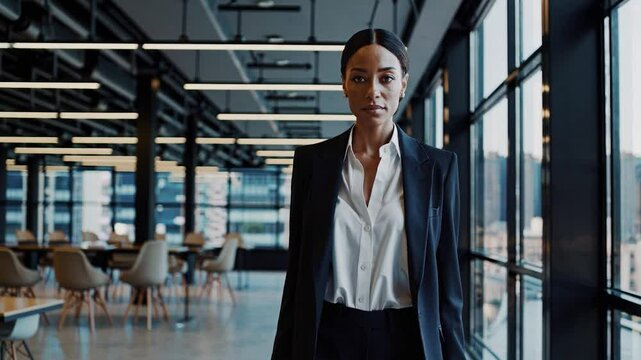 Young businesswoman walking through a modern office corridor with large windows and a view of the city, demonstrating confidence and professionalism in her business attire