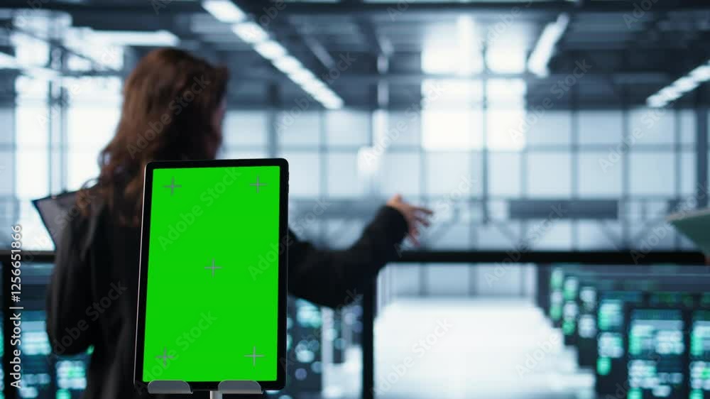 Poster close up of mockup tablet and data center engineers developing disaster recovery plans. focus on iso