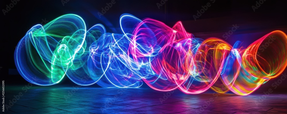 Poster vibrant neon light trails creating dynamic patterns in dark urban space