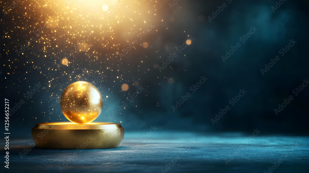 Poster a glowing golden orb surrounded by shimmering particles, creating a mystical atmosphere with soft li