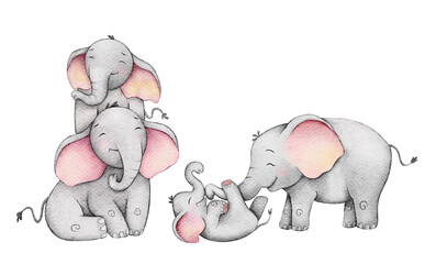 Playful baby elephants enjoy interacting with their family in a joyful illustration