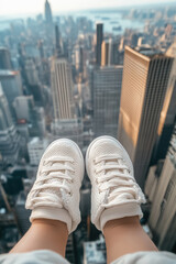 Fototapeta premium Person wearing white sneakers overlooking urban cityscape from high altitude skyscraper rooftop with distant skyline and blue sky