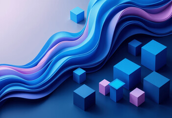 3D render of abstract wavy shapes in shades of blue and purple. Scattered cubes accentuate the flowing curves against contrasting backgrounds. Minimalist design.