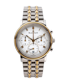 Blancpain Chronograph, Villeret model. Automatic watch, steel and 18kt gold case. White background. Milan. Italy_September 20, 2024