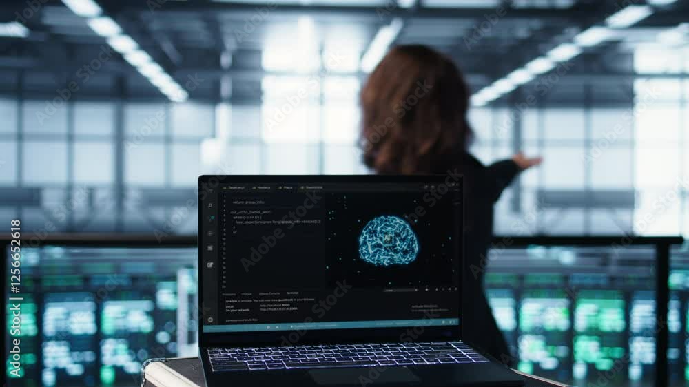 Poster laptop used by data center system administrators using artificial intelligence tech, handheld camera