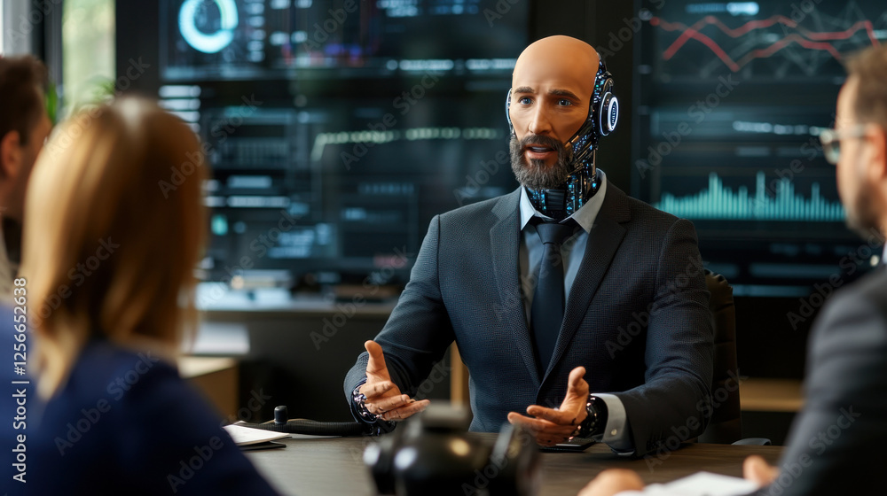 Poster businessman with futuristic cyborg features in modern office discussing data on multiple digital scr