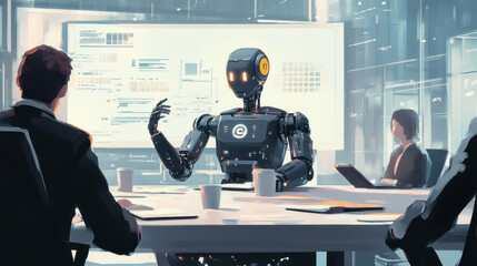Futuristic robot engaging in business meeting with professionals in modern office setting, highlighting ai integration and technological innovation