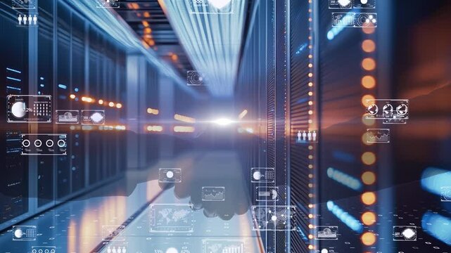 High-tech data center with immersive holographic interfaces