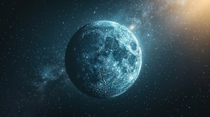 Fototapeta premium Blue moon glowing in dark starry sky with soft misty clouds creating mystical atmosphere concept of astrology service, lunar calendar, fantasy art