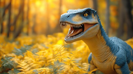 Detailed Close-Up Shot of a Vibrant Plastic Toy Dinosaur Displayed Amidst Lush Autumn Ferns, Capturing Playful Energy and Imaginative Play in Nature