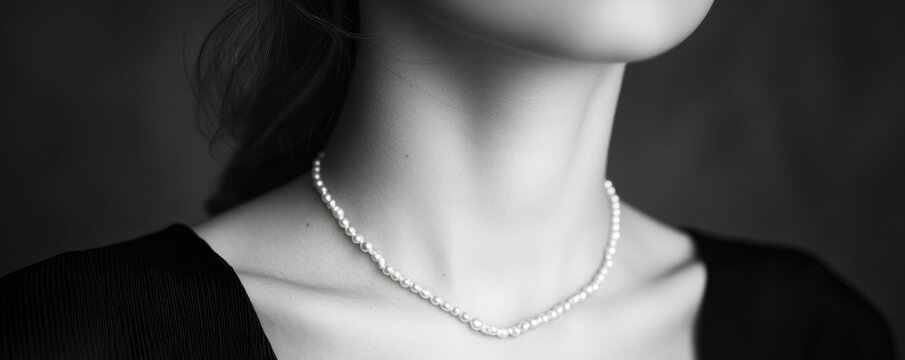 Elegant pearl necklace on female model's neck in black and white portrait