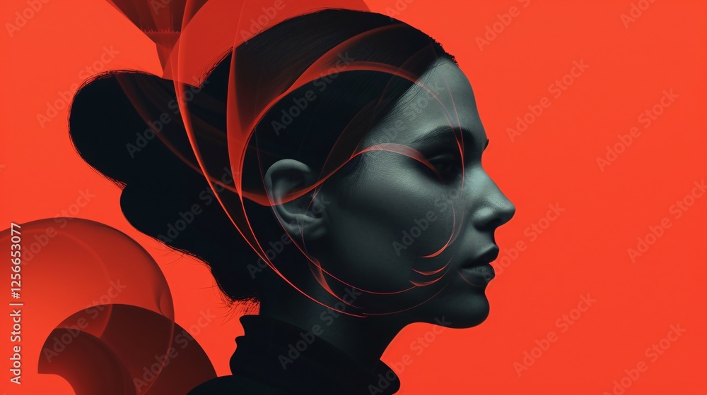 Poster profile of a woman merging with abstract red lines on red background