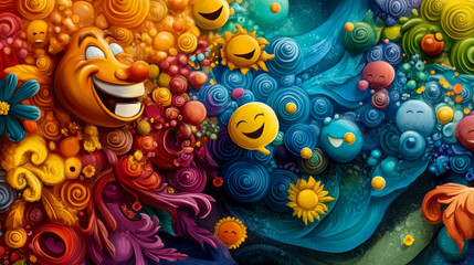 Colorful abstract illustration with smiling faces and vibrant swirls, evoking joy and happiness. design features playful elements like flowers and suns, creating cheerful atmosphere