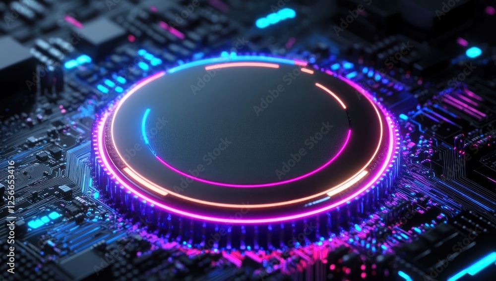Poster neon circular interface on futuristic circuit board