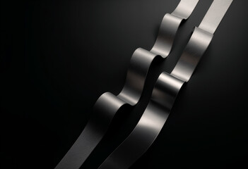 Two dark gray metallic ribbons, wavy and elegantly curved, set against a stark black backdrop. Creates a sleek, modern abstract image.