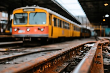 Obraz premium Vintage yellow train on rusty tracks at an old station, capturing urban transportation, nostalgia, and travel concept