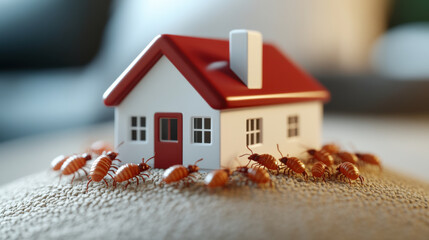 small house model surrounded by insects, depicting pest problem