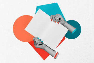 Trend composite sketch template 3D photo collage of hand hold sheet document empty space manicure...