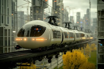 Obraz premium Futuristic train gliding through a modern cityscape, showcasing advanced technology, urban architecture, and innovation concept