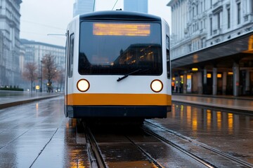 Fototapeta premium Urban tram approaching station, wet pavement reflecting lights, public transport in city, rainy weather, travel concept