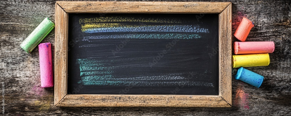 Poster Empty blackboard with vibrant chalks is ready for your message