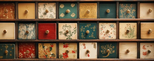 Fototapeta premium Vintage wooden drawer cabinet with decorative patterned drawer fronts