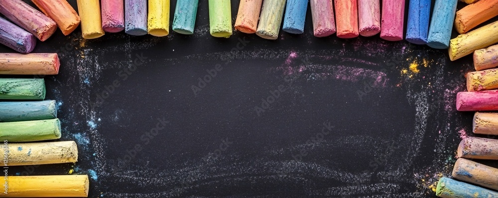 Poster colorful chalks are forming a border on a blackboard with copy space in the middle