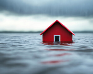 small red house partially submerged in water, surrounded by gloomy sky, evokes sense of isolation and vulnerability