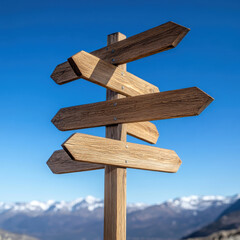 Wooden signpost with multiple arrows pointing in different directions against clear blue sky, evoking sense of adventure and exploration