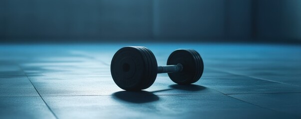 Heavy dumbbell on gym floor in low light setting