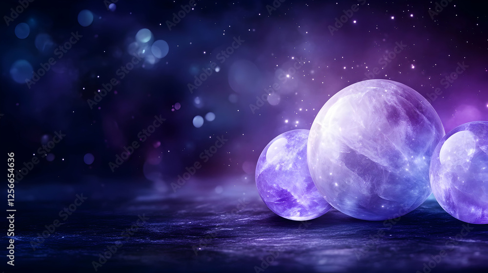 Poster a mesmerizing abstract design with glowing spheres against a dreamy cosmic background, creating a se